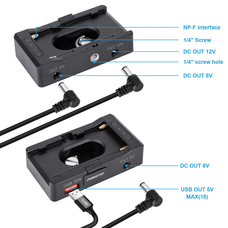 FOMITO NP-F970/960/770/750 NP-F Battery Plate with Power Indicator Light DC8V 12V USB-C 30W PD Output for DSLR Camera Field Monitor Microphone Smartphone