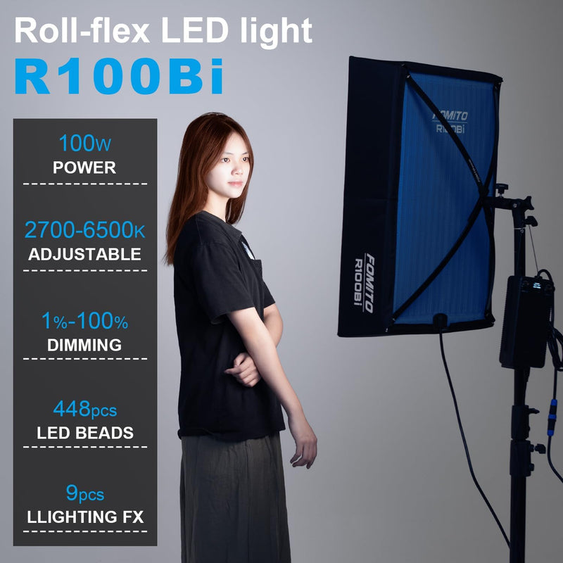 Fomito R100Bi 100W Foldable Flexible LED Light Panel Kit Bi-Color Temperature 2700K-6500K + Softbox Diffuser + Honeycomb Grid Softbox + Remote