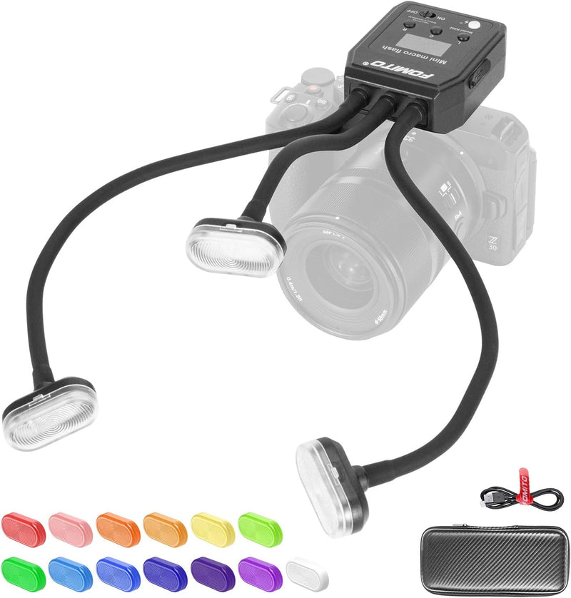 Fomito Mini Macro Flash, Single Contact Hotshoe, Three-Head with 13pcs Diffuser and Type-C Cable, 8 Levels of Adjustable Brightness, 9-Stop LED Light to Assist Focusing, Built-in 3.7V/2000mAh Battery