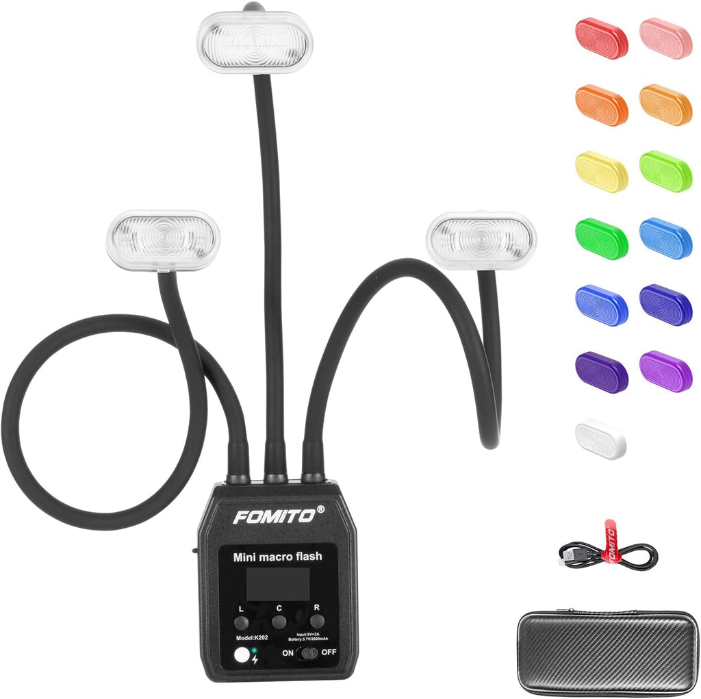 Fomito Mini Macro Flash, Single Contact Hotshoe, Three-Head with 13pcs Diffuser and Type-C Cable, 8 Levels of Adjustable Brightness, 9-Stop LED Light Effect, Built-in 3.7V/2000mAh Battery - 17.52inch