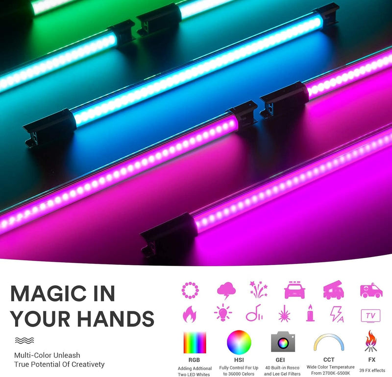 Godox TL60 Tube Light, Full Color RGB LED Video Light, 2700K-6500K Rechargeable Dimmable LED Light Stick, CRI 96+, TLCI 98+ with Built-in 2600mAh Battery and APP DMX Control