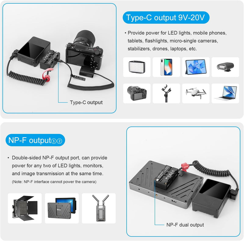 FOMITO NP-F Battery Interface Three-Way Conversion, F990 Double-Sided Dummy Battery, Applicable to Monitors, LED Lights, Cameras etc