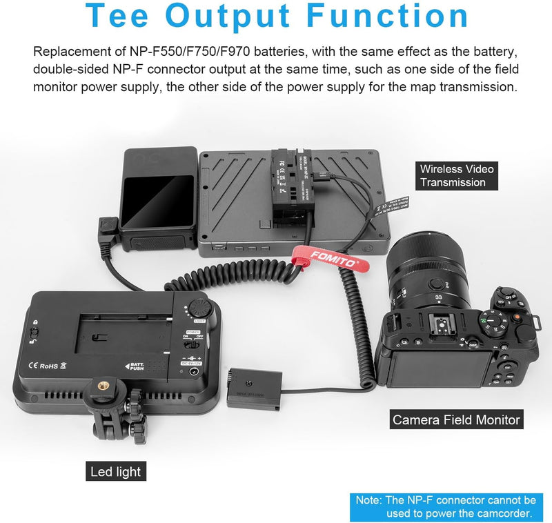 FOMITO NP-F Battery Interface Three-Way Conversion, F990 Double-Sided Dummy Battery, Applicable to Monitors, LED Lights, Cameras etc