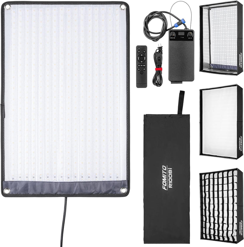 Fomito R100Bi 100W Foldable Flexible LED Light Panel Kit Bi-Color Temperature 2700K-6500K + Softbox Diffuser + Honeycomb Grid Softbox + Remote