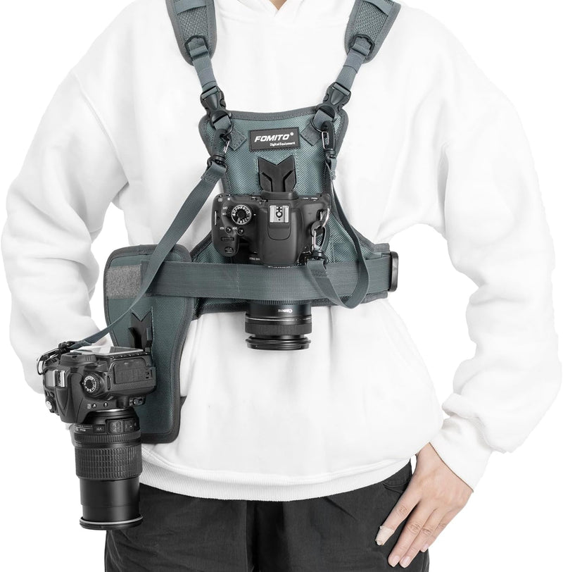 Fomito Dual Camera Harness, Multi Carrying Radio Chest Vest System with Side Holster for Canon 6D 600D 5D2 5D3 for Nikon D90 for Sony A7S for Panasonic for Olympus DSLR Cameras Climbing Wedding Travel