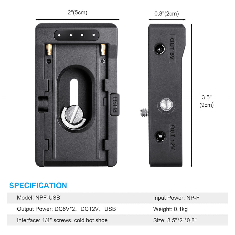 FOMITO NP-F970/960/770/750 NP-F Battery Plate with Power Indicator Light DC8V 12V USB-C 30W PD Output for DSLR Camera Field Monitor Microphone Smartphone