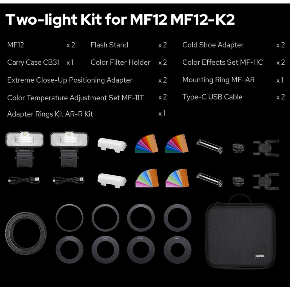  Godox MF12 MF12-K2 Macro Flash, Twin Macro Flash Lite, 12w  2.4G Wireless Control Off Camera Flash, TTL/Manual Mode, 3.7V/6.29W Lithium  Battery, Compatible for Canon Nikon Sony Olympus Fuji Panasonic 